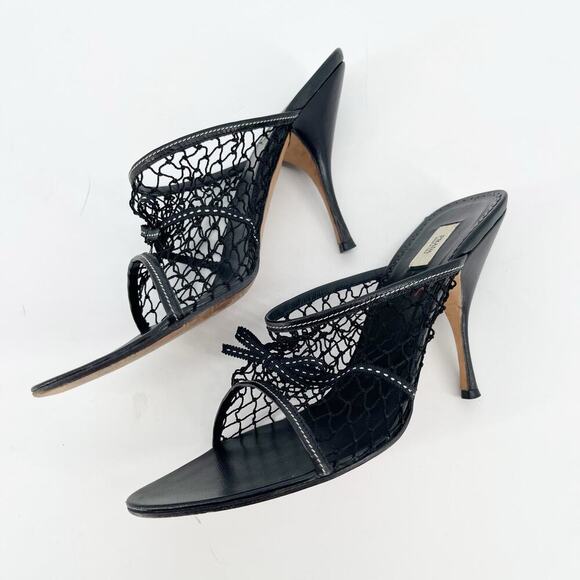 Prada Vintage Black Fishnet Bow Detail Retro Mule Slide Sandal Heel size IT 38.5 - Picture 5 of 11